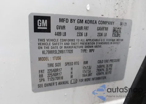 2021 Chevrolet Trailblazer Awd Lt z USA, uszkodzony, nr VIN KL79MRSL2MB177020